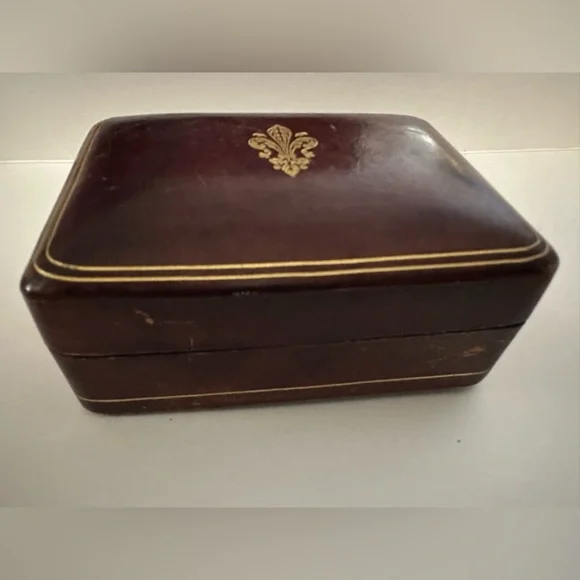 Vintage Antique Florentine Leather Box Tooled Gold Gilt Fleur De Lis Decoration